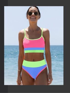 Popvil Neon Colorblock High-Waist Bikini - Pink & Lime